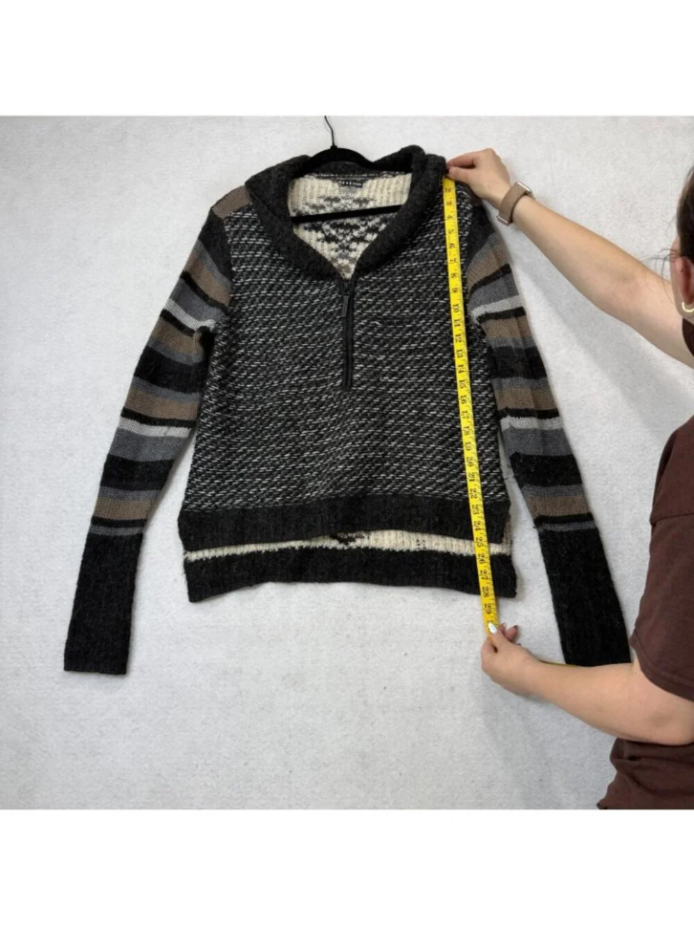 Smartwool Sweater Womens Medium Gray Stripe Aztec V Neck 1/2 Zip Knit Pullover